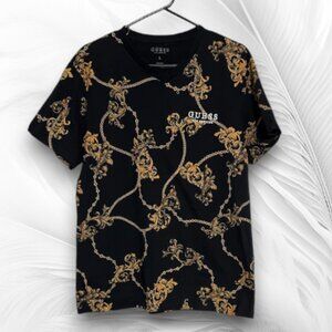 GUESS Black Gold Baroque Print T-Shirt Size L